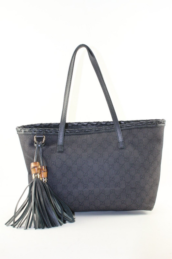 Gucci Black Monogram Denim Bamboo Fringe Tassel Tote 2GK1214K