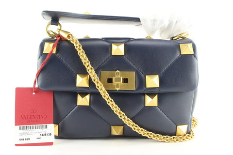 Valentino Navy Blue Quilted Roman Stud Crossbody GHW Chain 2VAL0407C