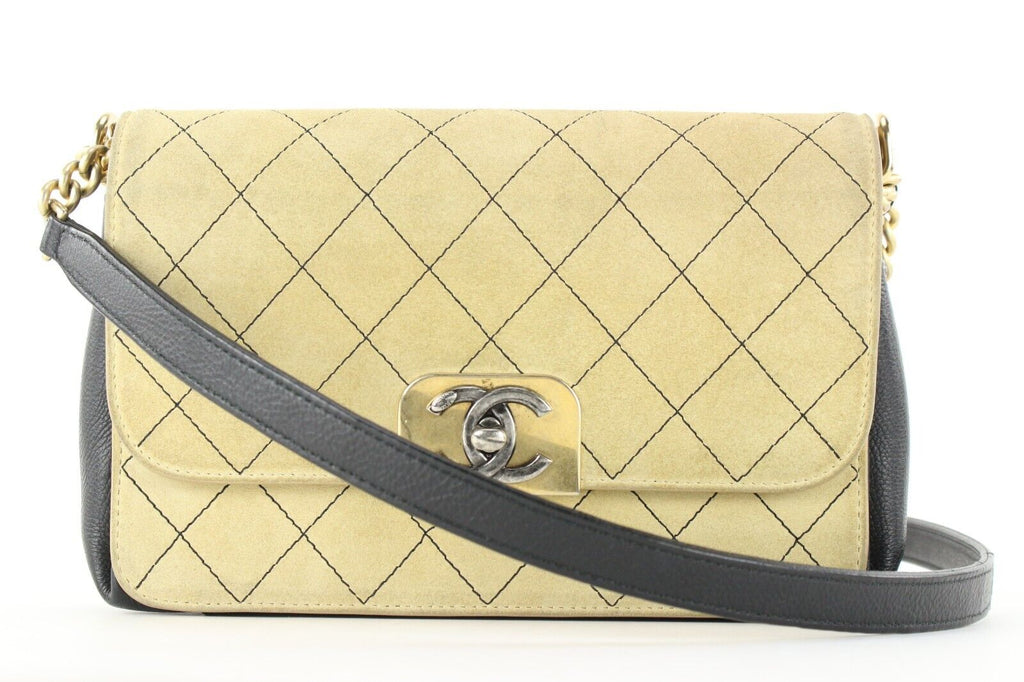 Chanel Beige Quilted Suede x Black Leather Classic Flap Bag 2CC1202