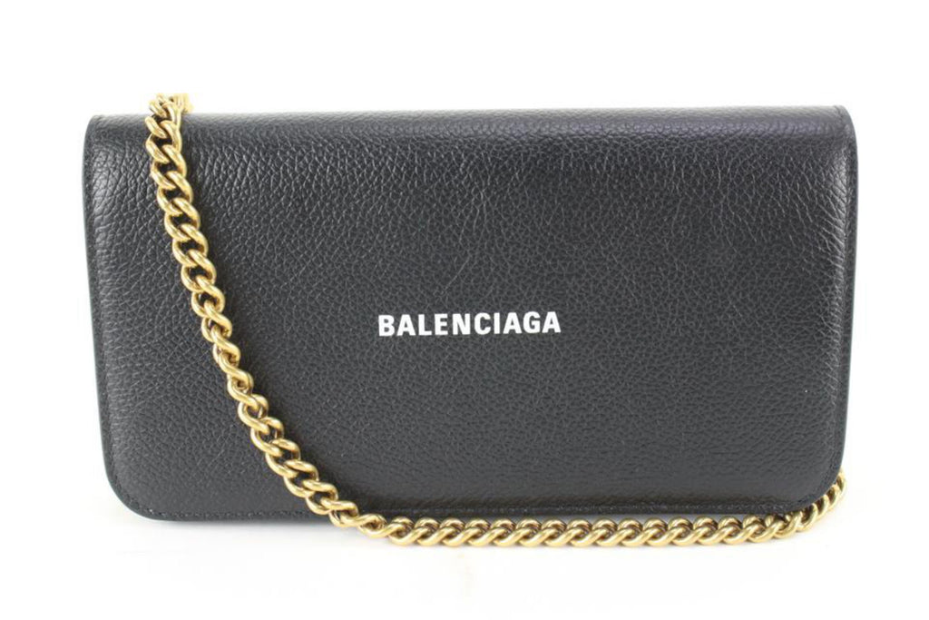 Balenciaga Black Leather Classic Logo Wallet on Chain Gold Chain 48ba624s