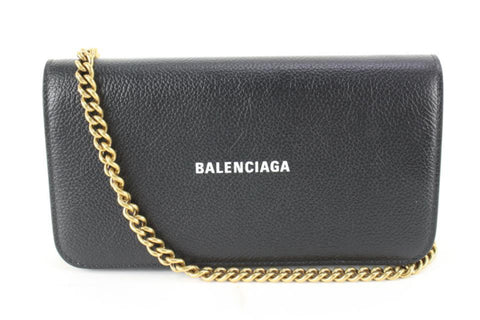 Balenciaga Black Leather Classic Logo Wallet on Chain Gold Chain 48ba624s