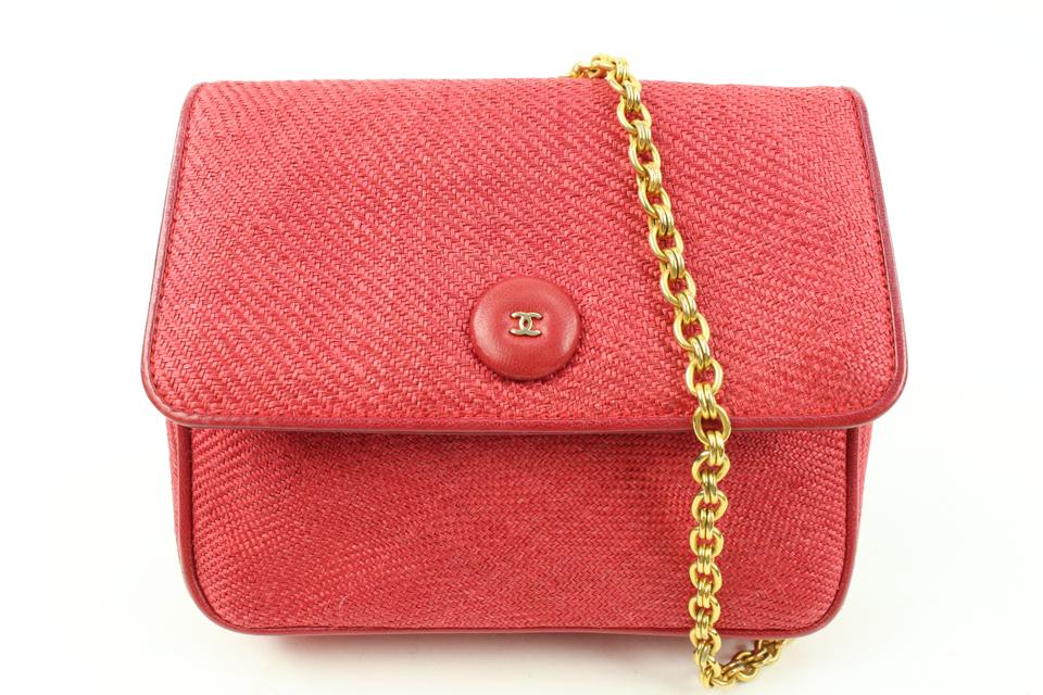 Chanel Rare Vintage Red CC Raffia Mini Flap Gold Chain 56c128s