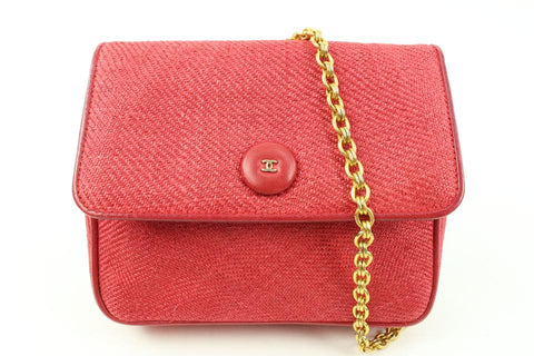 Chanel Rare Vintage Red CC Raffia Mini Flap Gold Chain 56c128s