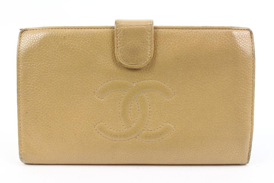 Chanel Beige Caviar Leather CC Logo Long Bifold Flap Wallet 41ck224s