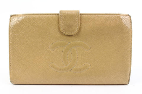 Chanel Beige Caviar Leather CC Logo Long Bifold Flap Wallet 41ck224s