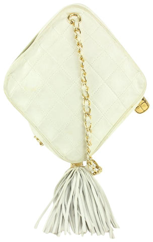 Chanel White Quilted Leather Diamond Clutch on Chain Tassel Bag 1123c30