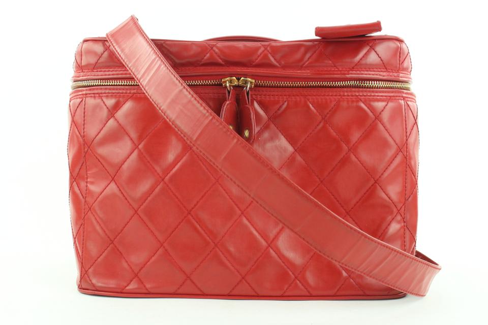 Chanel Red Quilted Vanity Case Tote Box with Strap 860902