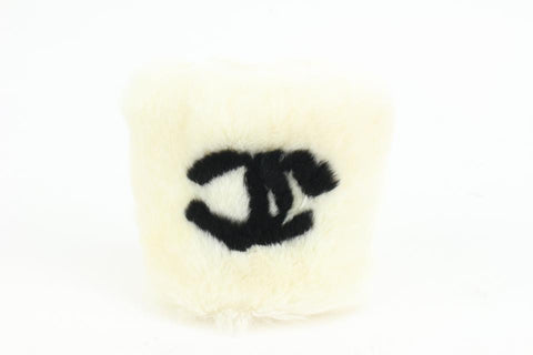 Chanel White x Black CC Rabbit Fur Wrist Band Bracelet s331ck41