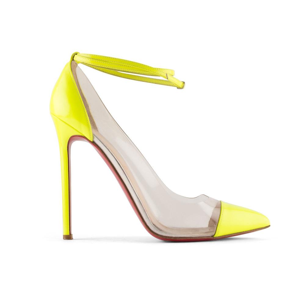 Christian Louboutin 37.5 Neon Yellow x Clear Bis un Bout So Kate Heels 855101