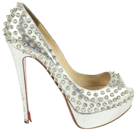 Christian Louboutin Women's 38.5 Silver Spike Lady Peep Open Toe Platforms 1122cl21