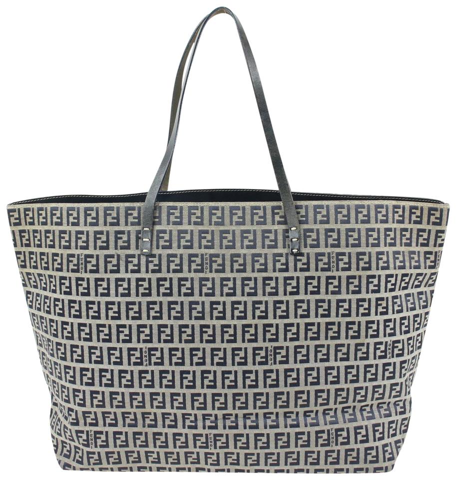 Fendi Navy x Grey Monogram FF Zucca Roll Shopper Tote Bag 60f414s