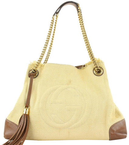 Gucci Beige Fringe Tassel Cream Raffia Soho Chain Tote Bag 2GA1113