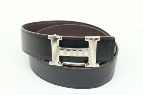 Hermès Black x Brown x SIlver 32mm Reversible Strie H Logo Belt Kit 41he56