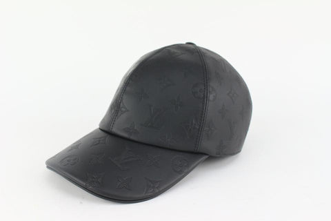 Louis Vuitton Size 60 Black Leather Monogram Shadow Cap Baseball Hat 123lv19