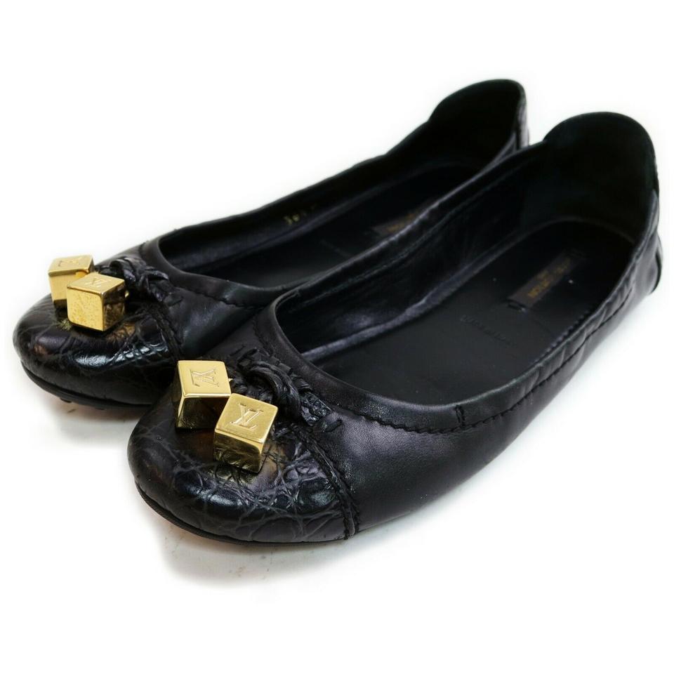 Louis Vuitton Size 36.5 Womens Black LEather Gold Dice Cube Ballerina Flats 862898