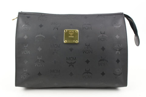 MCM Black Monogram Visetos Logo Toiletry Pouch Make Up Case Clutch 118m35