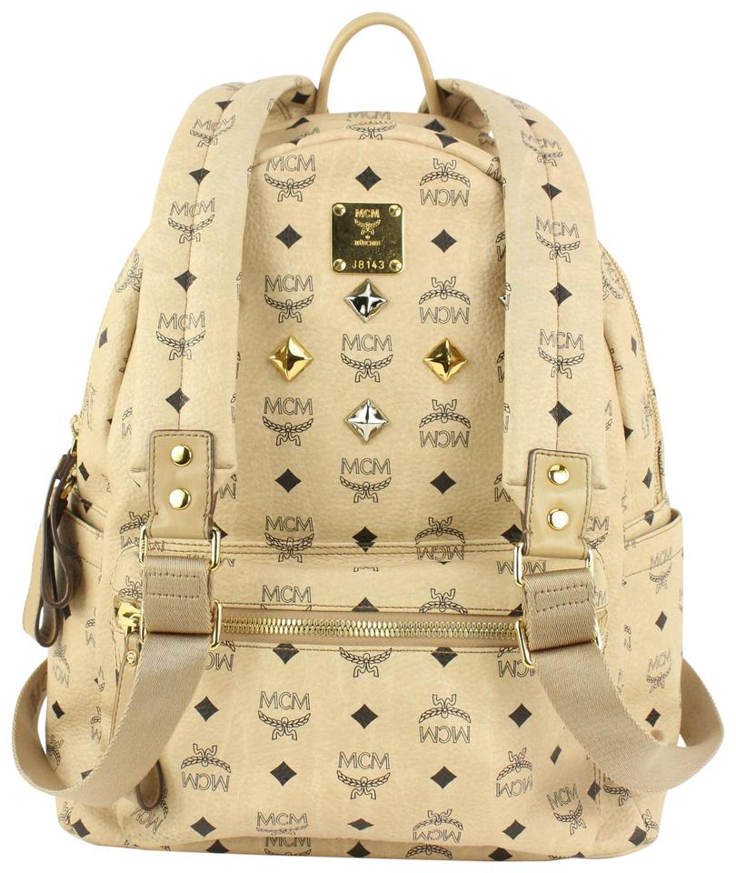 MCM Beige Monogram Visetos Logo Medium Studded Stark Backpack 921mcm73