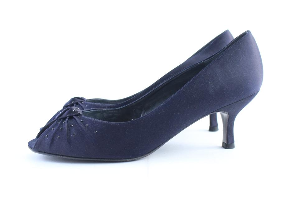 Stuart Weitzman Navy Satin Knot Twist Kitten Open Toe Heel3MR0222